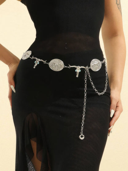 Western Cowgirl Chain Belt – Bull Head & Rodeo Concho Statement Waist Chain