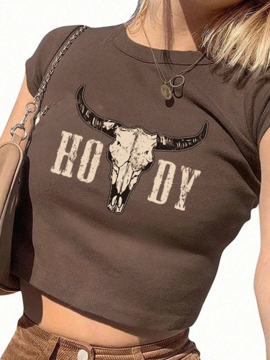 Western Cowgirl Howdy Skull Crop Top — Vintage Graphic Tee, Boho Rodeo Festival