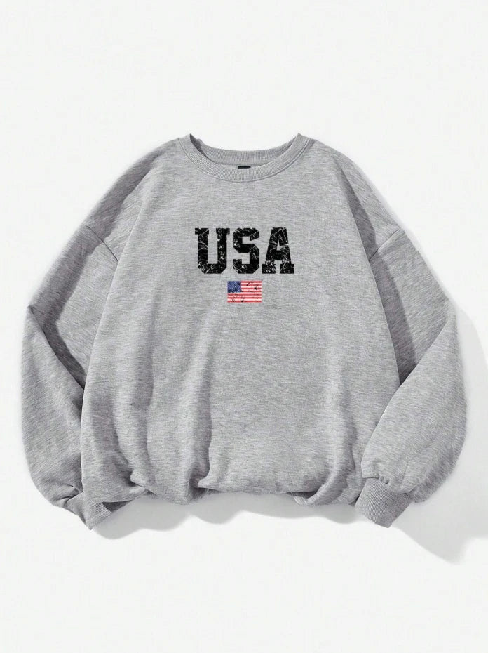 USA Flag Graphic Sweatshirt – Vintage Inspired Oversized Pullover, Comfy
