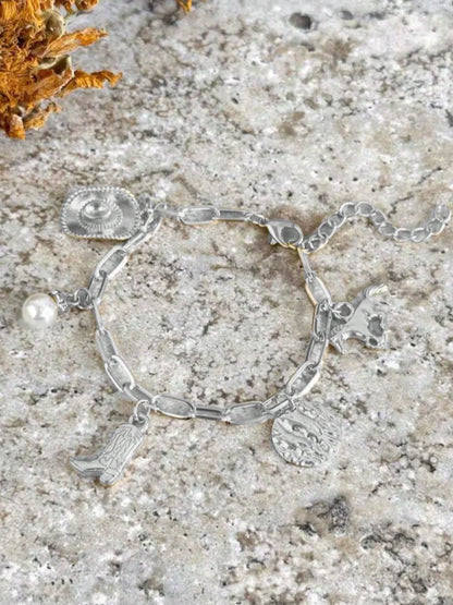 Western Charm Bracelet – Cowboy Hat, Boot, Pearl + Rodeo Charms