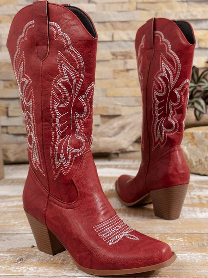 Red Western Cowgirl Boots – Embroidered Mid-Calf Rodeo Boots