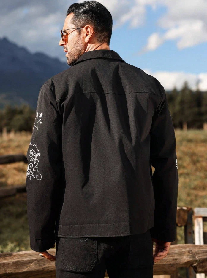 Men’s Black Western Embroidered Cowboy Jacket — Floral & Star Rodeo Style