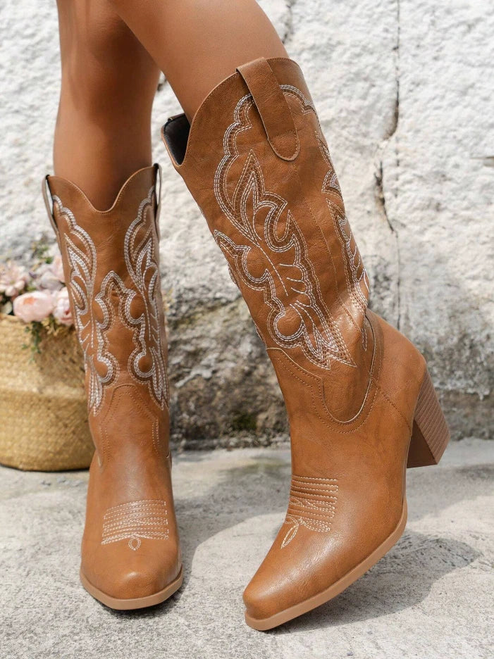 Camel Western Cowgirl Boots – Embroidered Mid-Calf Rodeo Boots | Pointed Toe