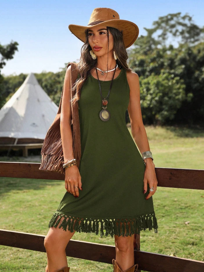 Western Cowgirl Fringe Hem Sleeveless Dress – Boho Rodeo Festival Look