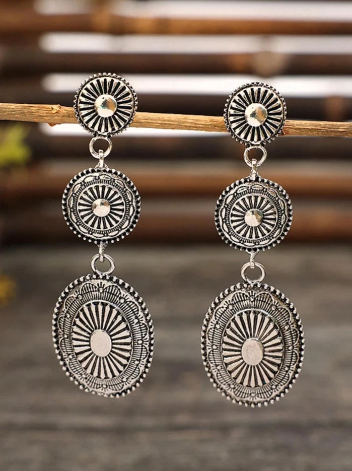 Western Silver Concho Drop Earrings – Boho Rodeo Statement Jewelry