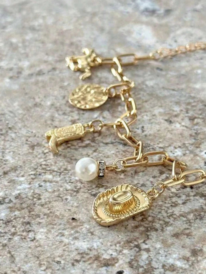Western Charm Bracelet – Cowboy Hat, Boot, Pearl + Rodeo Charms