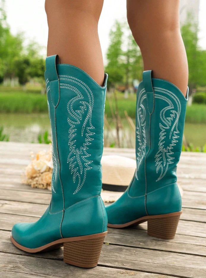 Turquoise Western Cowgirl Boots – Embroidered Mid-Calf Rodeo Boots | Pointed Toe