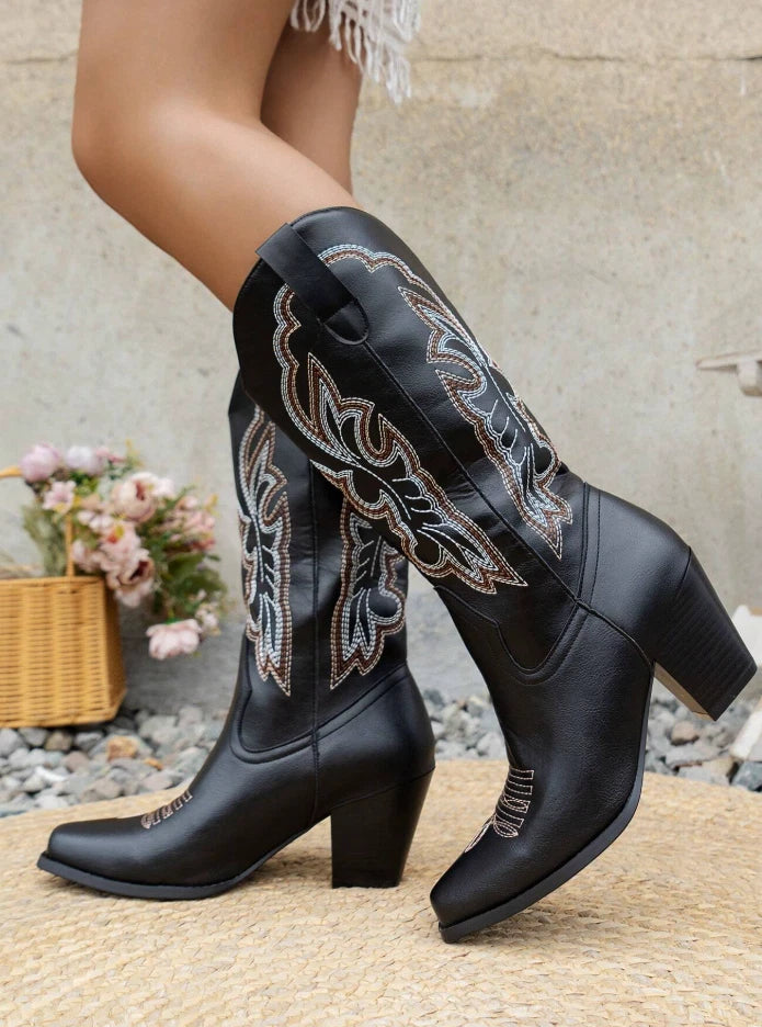 Black Western Cowgirl Boots – Embroidered Mid-Calf Rodeo Boots | Pointed Toe