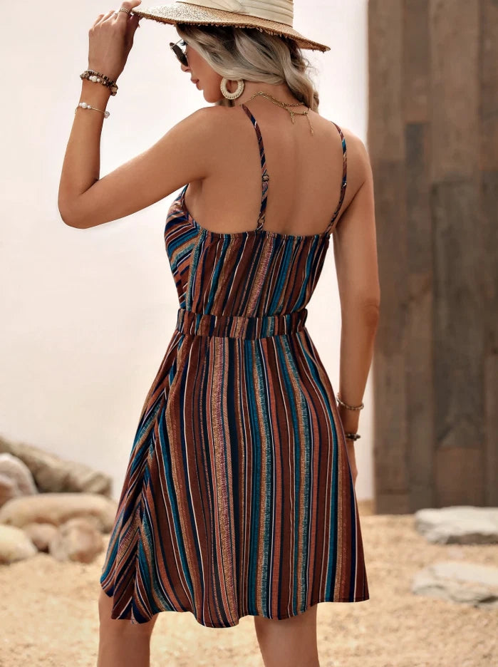 Boho Western Striped Mini Dress — Summer Sleeveless V-Neck Sundress, Country