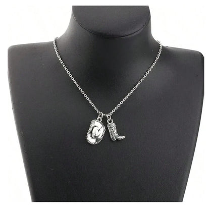 Western Cowboy Hat & Boot Charm Necklace — Country Rodeo Cowgirl Silver Pendant