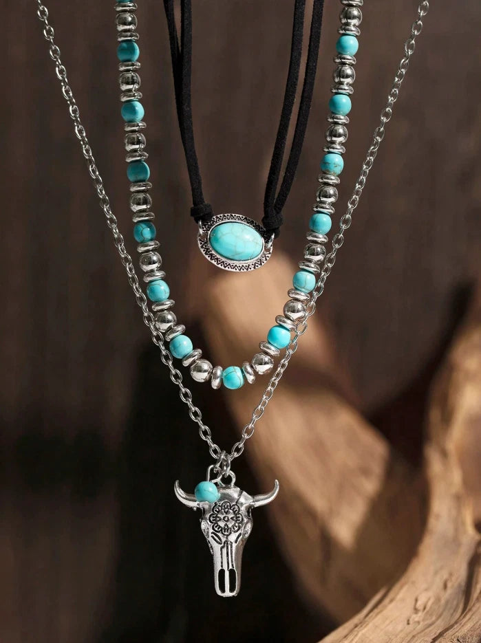 Western Turquoise Layered Necklace Set – Bull Skull & Cactus Pendant