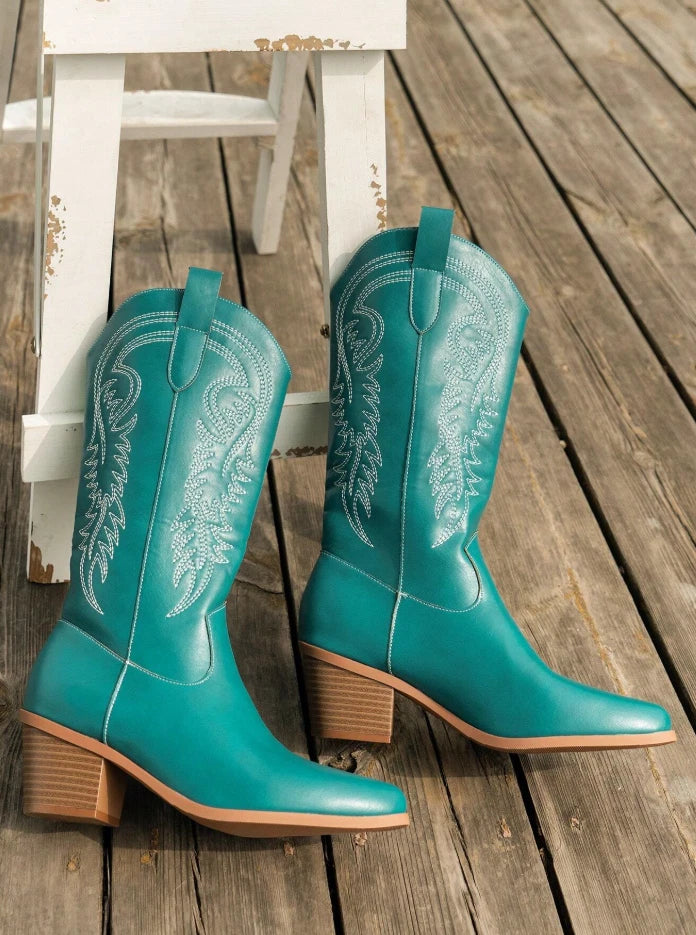 Turquoise Western Cowgirl Boots – Embroidered Mid-Calf Rodeo Boots | Pointed Toe