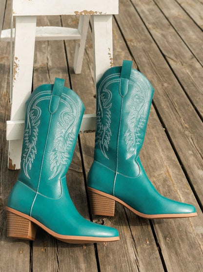 Turquoise Western Cowgirl Boots – Embroidered Mid-Calf Rodeo Boots | Pointed Toe