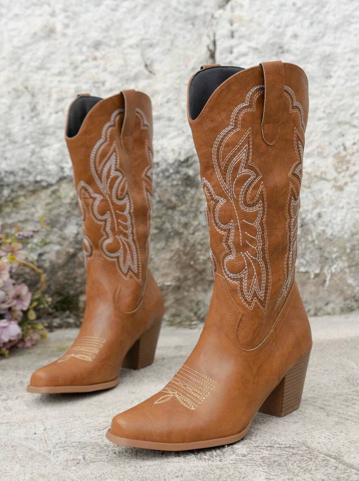 Camel Western Cowgirl Boots – Embroidered Mid-Calf Rodeo Boots | Pointed Toe