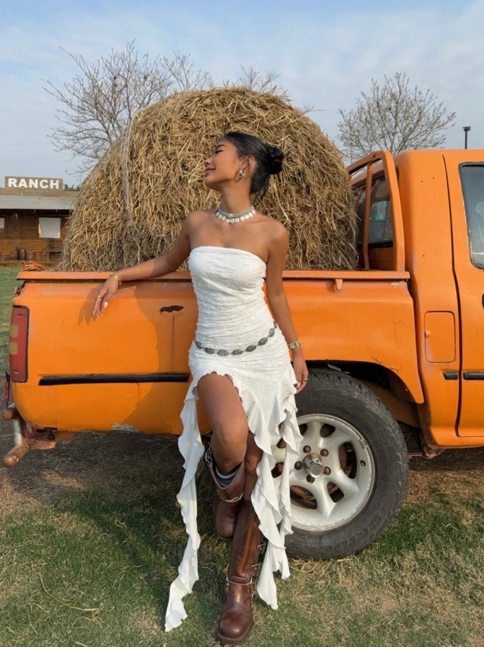 Boho Western White Strapless Ruffle Hem Maxi Dress — Cowgirl Ranch Chic