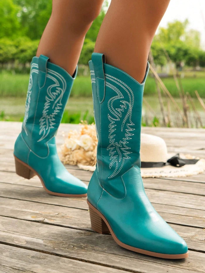 Turquoise Western Cowgirl Boots – Embroidered Mid-Calf Rodeo Boots | Pointed Toe