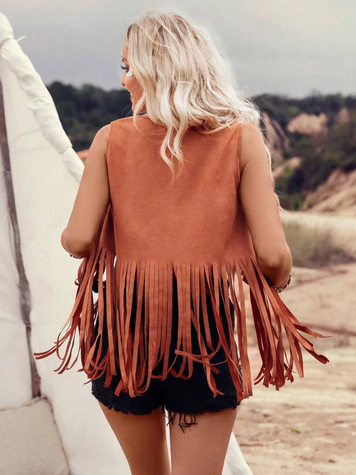 Western Fringe Vest for Women – Festival Boho Cowgirl Outfit with Stud Details