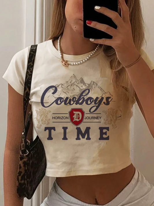 Cowboys Time Western Graphic Crop Top — Vintage Country Rodeo Tee, Yeehaw Cowboy