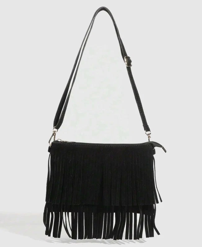Western Fringe Suede Crossbody Bag – Boho Western Festival Purse, Brown or Black