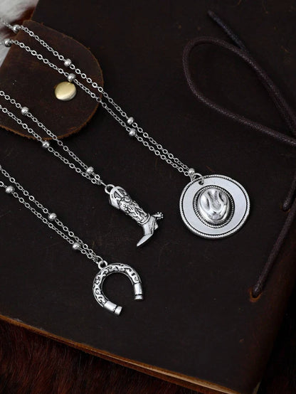 Western Layered Necklace Set – Cowgirl Boot, Horseshoe & Rodeo Hat Pendants