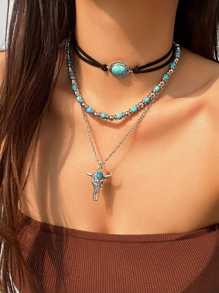 Western Turquoise Layered Necklace Set – Bull Skull & Cactus Pendant
