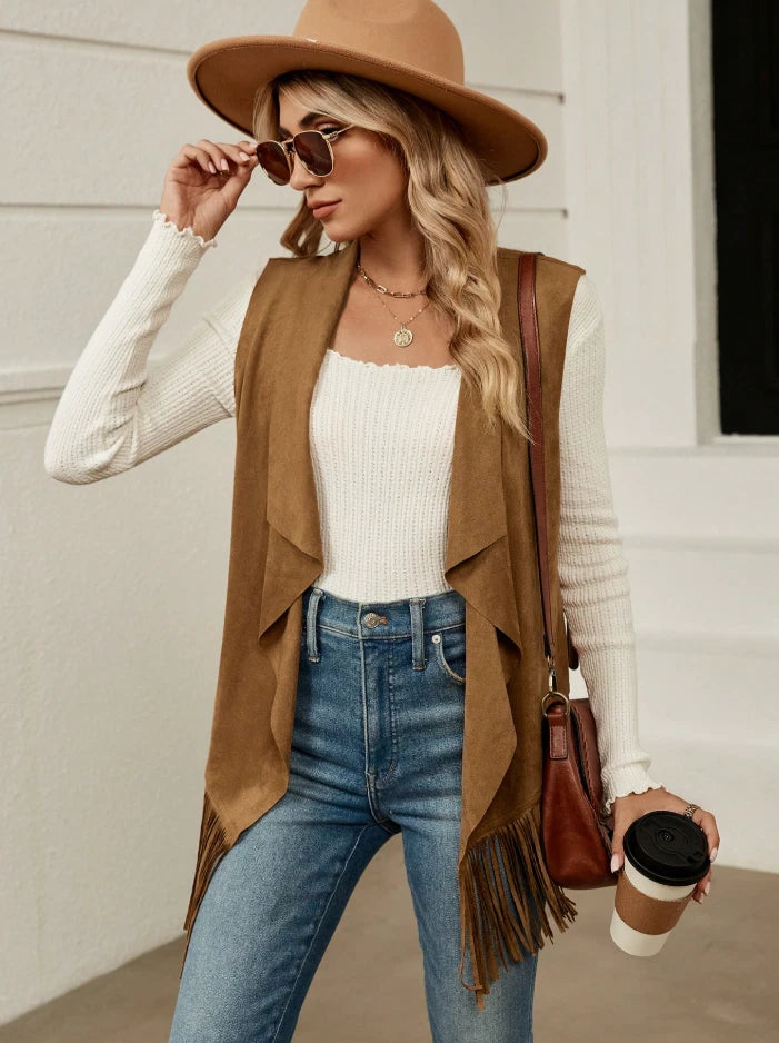 Western Fringe Open Front Vest – Cowgirl Suede Layer for Fall Looks