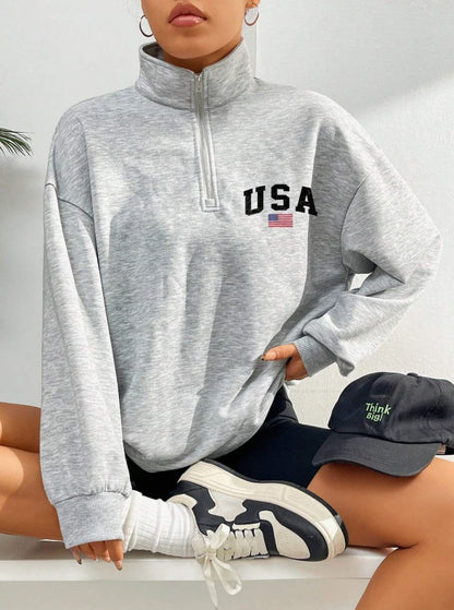 USA Flag Quarter Zip Sweatshirt — Vintage Athletic Style, Oversized Pullover