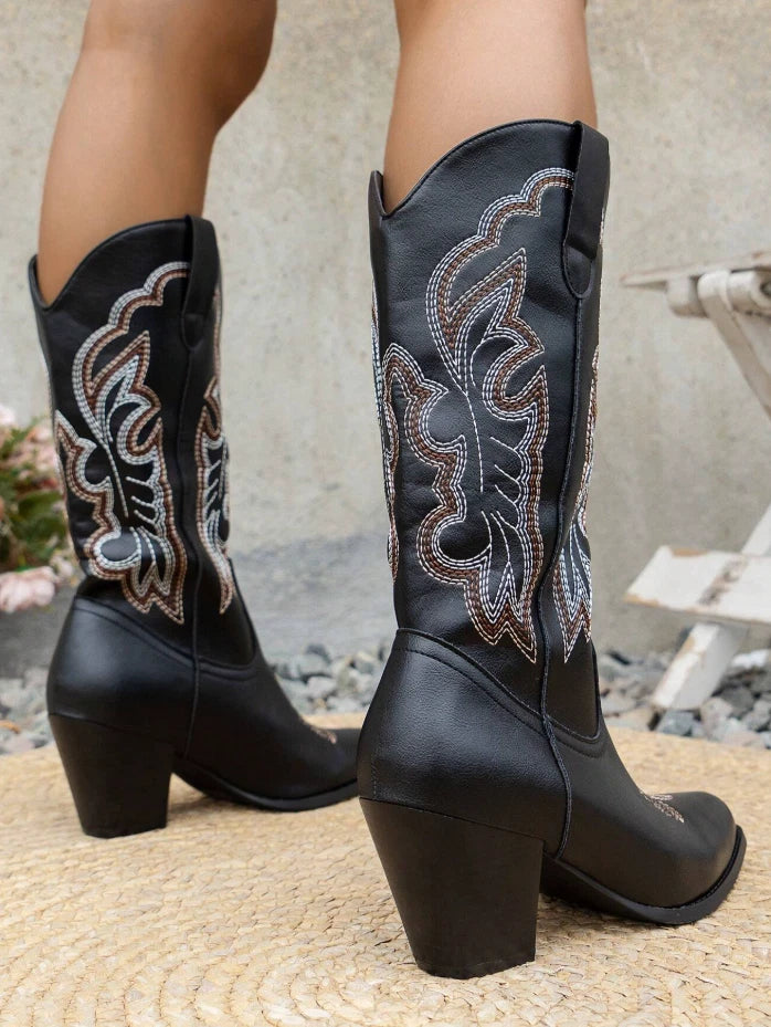 Black Western Cowgirl Boots – Embroidered Mid-Calf Rodeo Boots | Pointed Toe