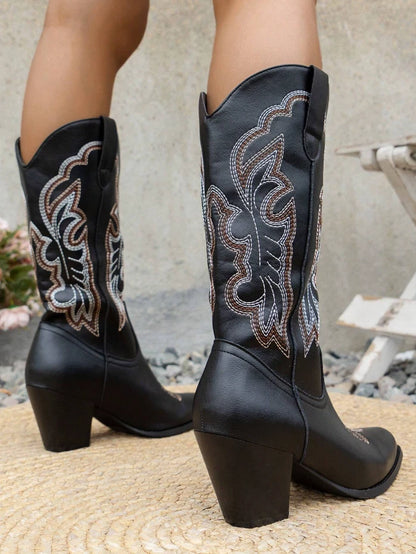 Black Western Cowgirl Boots – Embroidered Mid-Calf Rodeo Boots | Pointed Toe