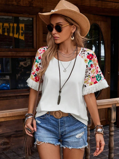 Western Fringe Floral Sleeve Top – Boho Cowgirl Rodeo Shirt, Summer Festival Tee