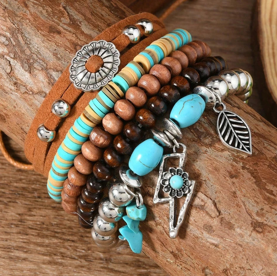 Western Boho Turquoise Beaded Bracelet Set – Cowgirl Stackable Charm Bracelets