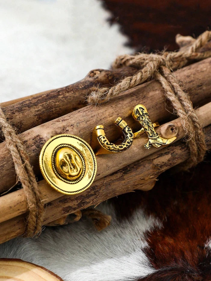Cowgirl Western Ring Set 3pc – Cowboy Hat, Boot, Horseshoe | Rodeo Jewelry