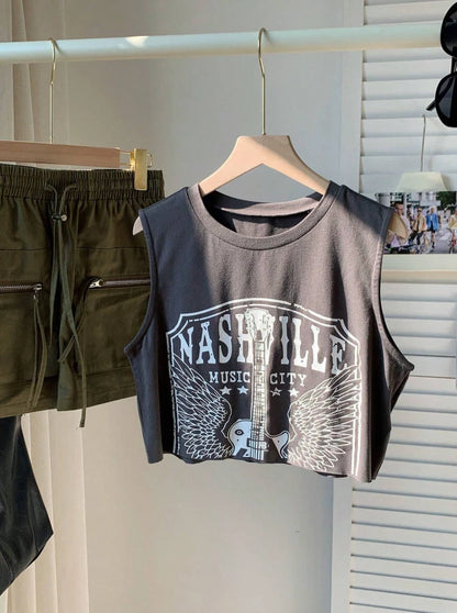 Nashville Music City Graphic Crop Tank Top — Vintage Rock Western Country