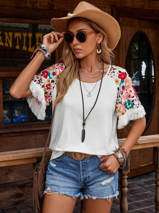 Western Fringe Floral Sleeve Top – Boho Cowgirl Rodeo Shirt, Summer Festival Tee