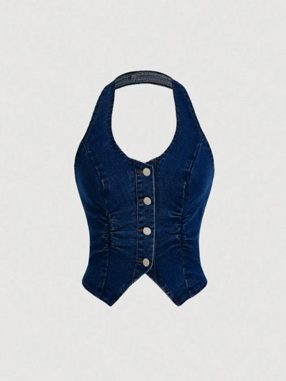 Denim Cowgirl Halter Corset Top – Western Y2K Button Front Festival Vest, Rodeo