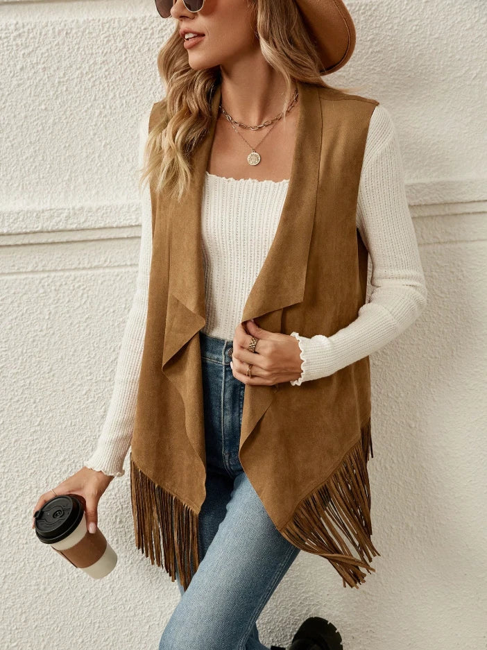 Western Fringe Open Front Vest – Cowgirl Suede Layer for Fall Looks