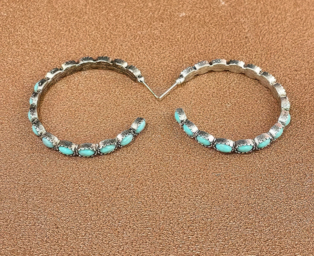 Vintage Western Turquoise Hoop Earrings – Rustic Silver Leaf Detail – Boho