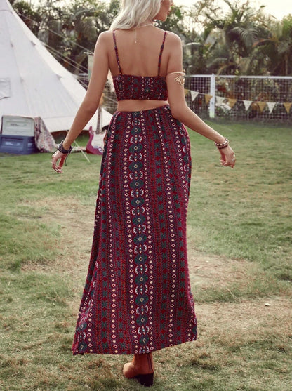 Boho Western Festival Maxi Dress — Vintage Red Aztec Print Cutout
