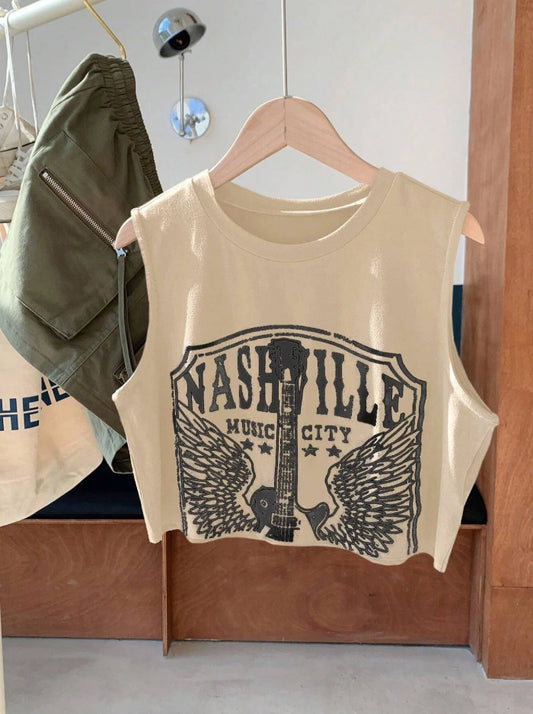 Nashville Music City Graphic Crop Tank Top — Vintage Rock Western Country