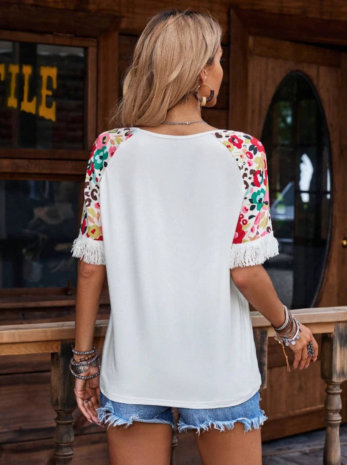 Western Fringe Floral Sleeve Top – Boho Cowgirl Rodeo Shirt, Summer Festival Tee